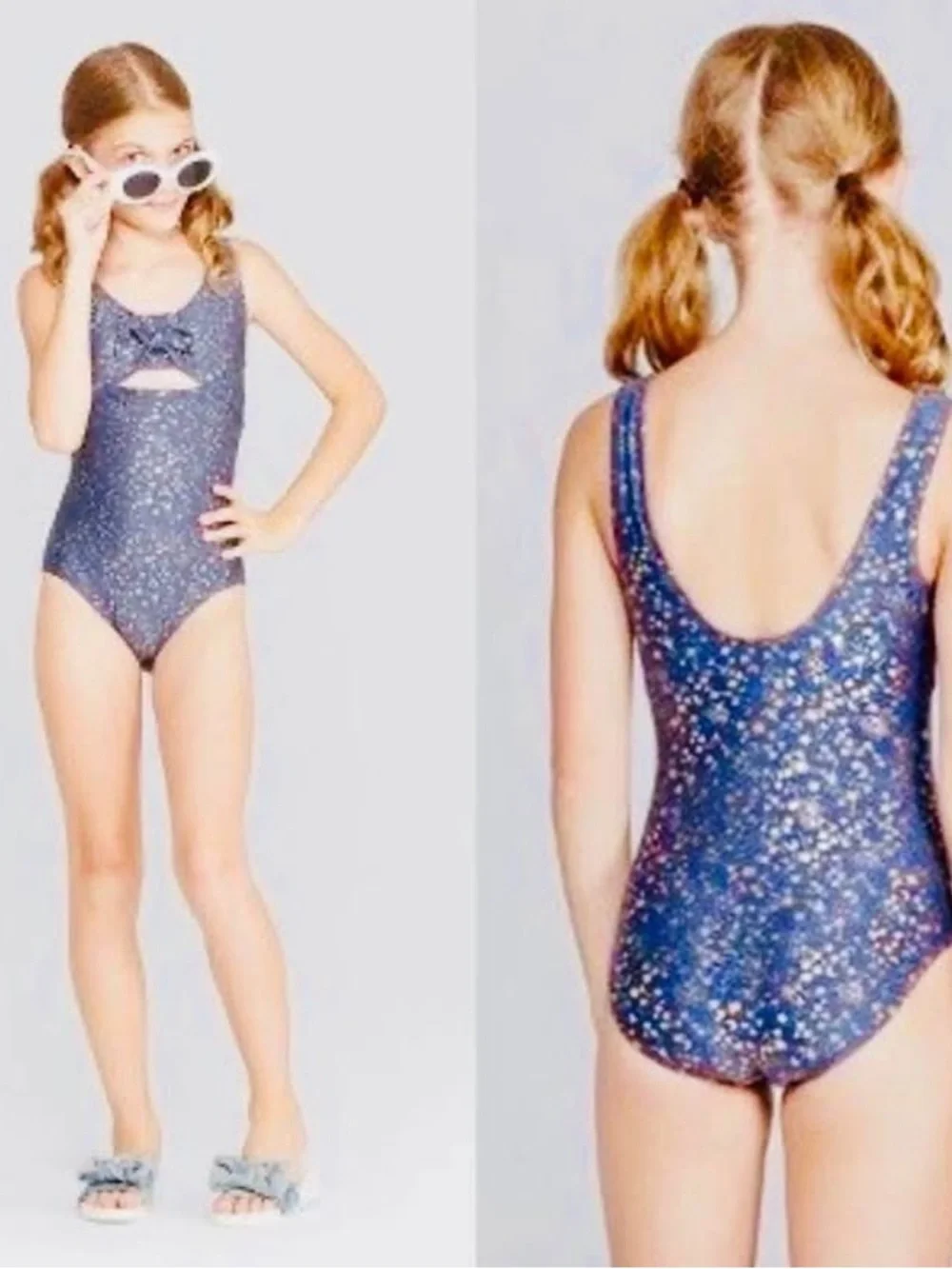 Girls Sparkle Navy One-Piece Swimsuit with Bow